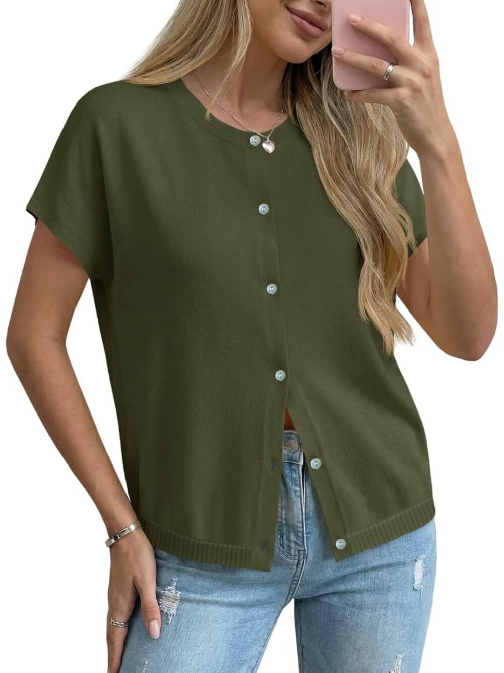 Women's Army Green Short Sleeve Button Down Crew Neck Imported Cardigans Sweater